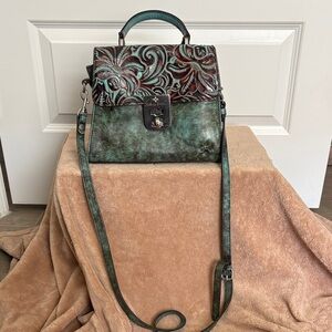 Patricia Nash Tooled Turquoise & Brown Leather Top-Handle Crossbody Bag